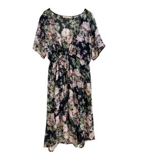 Liberty Love Black Pink Floral Sheer Kimono Duster 3XL Tie Front Boho Cover Up